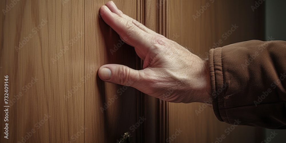 Poster A person's hand resting on a door handle. This image can be used to convey concepts such as access, entry, privacy, security, or opportunity