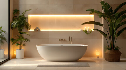Fototapeta na wymiar A large bathtub sits between two potted plants in a sunlit luxury bathroom.