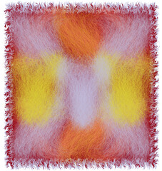 Square fluffy guilt  mat,blanket, , rug, carpet, tapestry with grunge rough colorful weave elements in violet, yellow, orange colors  on purple backdrop and decorative  zigzag fringe isolated on white
