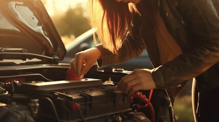 A woman is seen working on a car's engine. This image can be used to illustrate car repairs or automotive maintenance - obrazy, fototapety, plakaty