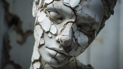 A detailed close-up of a sculpture depicting a woman's face. Perfect for art lovers and those seeking beauty in fine details