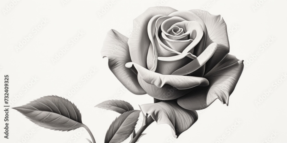 Poster a black and white photo of a rose with leaves. perfect for adding a touch of elegance to any project