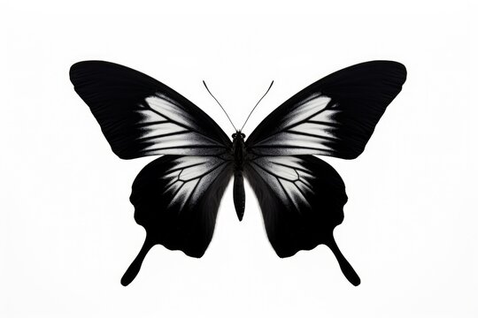 A black and white butterfly photographed on a plain white background. Suitable for various uses