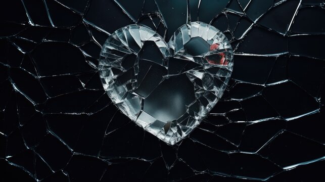 A broken glass window with a broken heart symbol on it. This image can be used to represent heartbreak, loss, or the pain of a broken relationship.