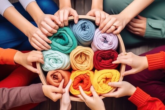 A group of people forming a circle and holding yarn. This image can be used to represent teamwork, collaboration, crafting, or knitting