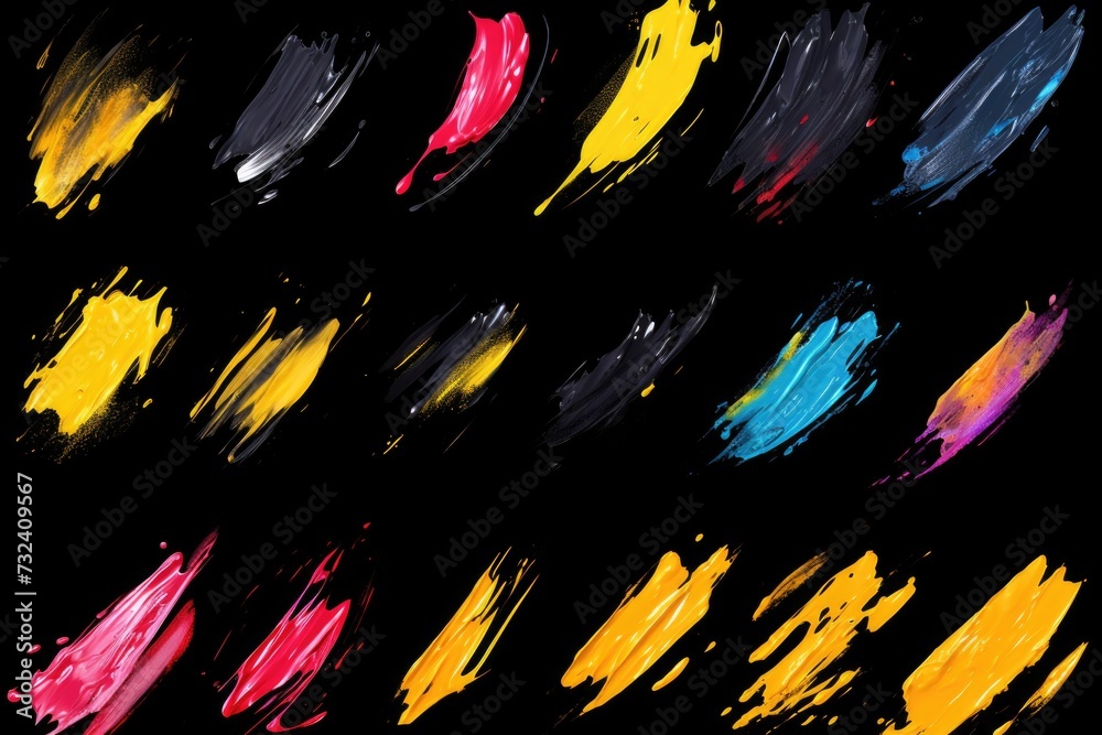 Aufkleber Vibrant paint splatters of various colors on a dark black background. Perfect for adding a burst of color to any design or artistic project