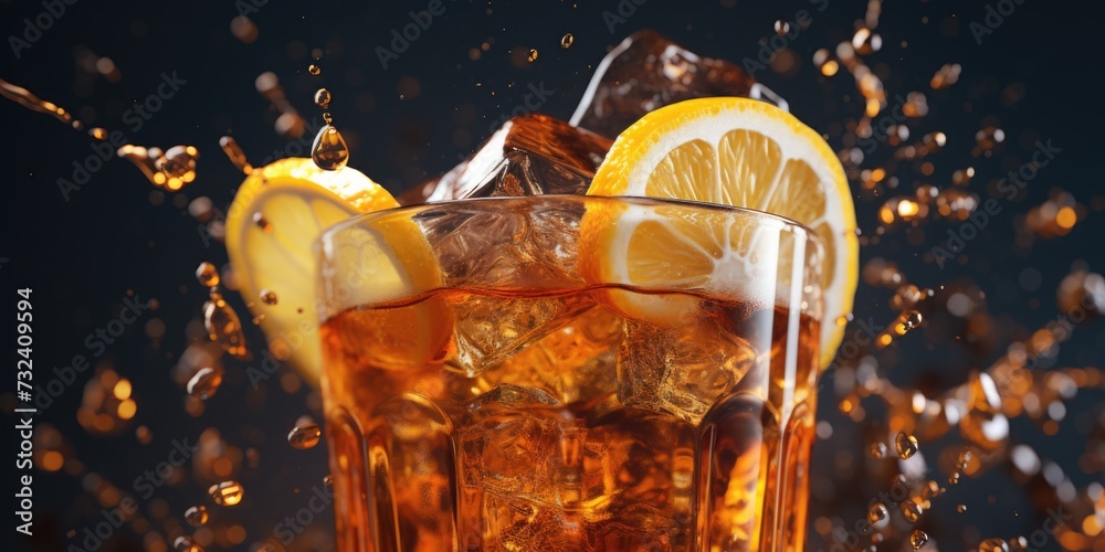 Poster a glass of iced tea with lemon slices and ice, perfect for a hot summer day. can be used in beverage