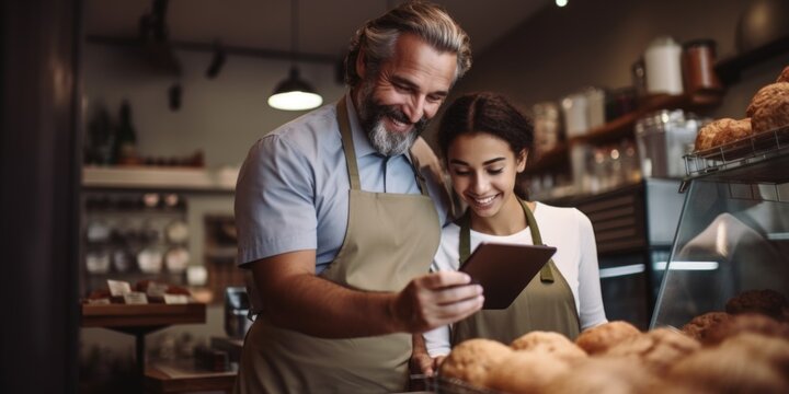 A man and a woman are seen looking at a tablet in a bakery. This image can be used to depict modern technology in a traditional setting
