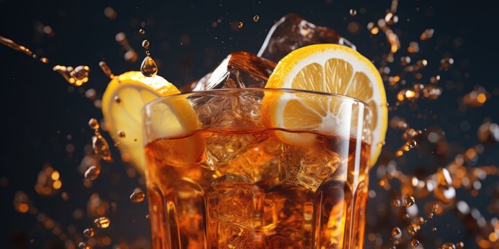 A glass of iced tea with lemon slices and ice, perfect for a hot summer day. Can be used in beverage advertisements or as a refreshing image for lifestyle blogs