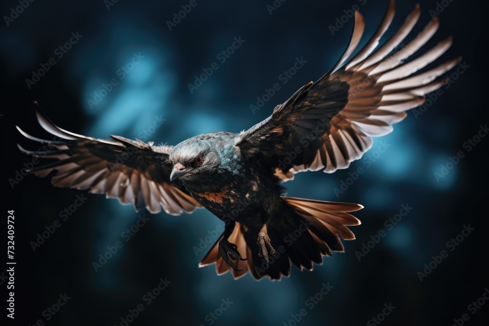 Poster a bird soaring through the air with its wings spread. ideal for nature and wildlife themes