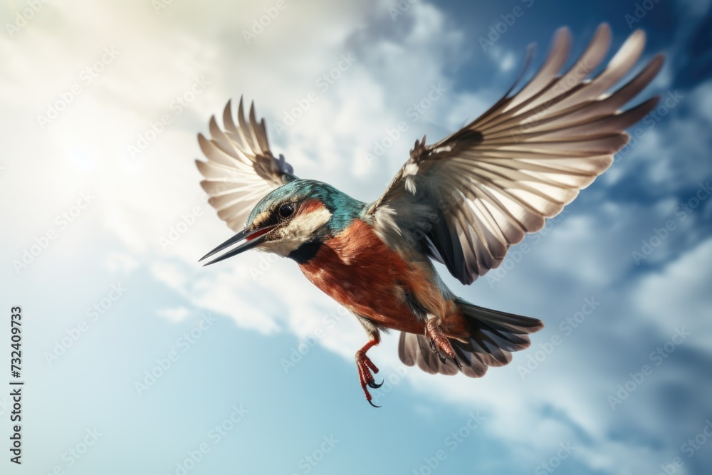 Poster a bird flying in the sky with its wings spread. suitable for various uses