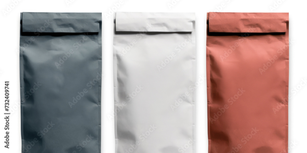 Poster three bags of different colors placed on a white surface. can be used for showcasing fashion accesso