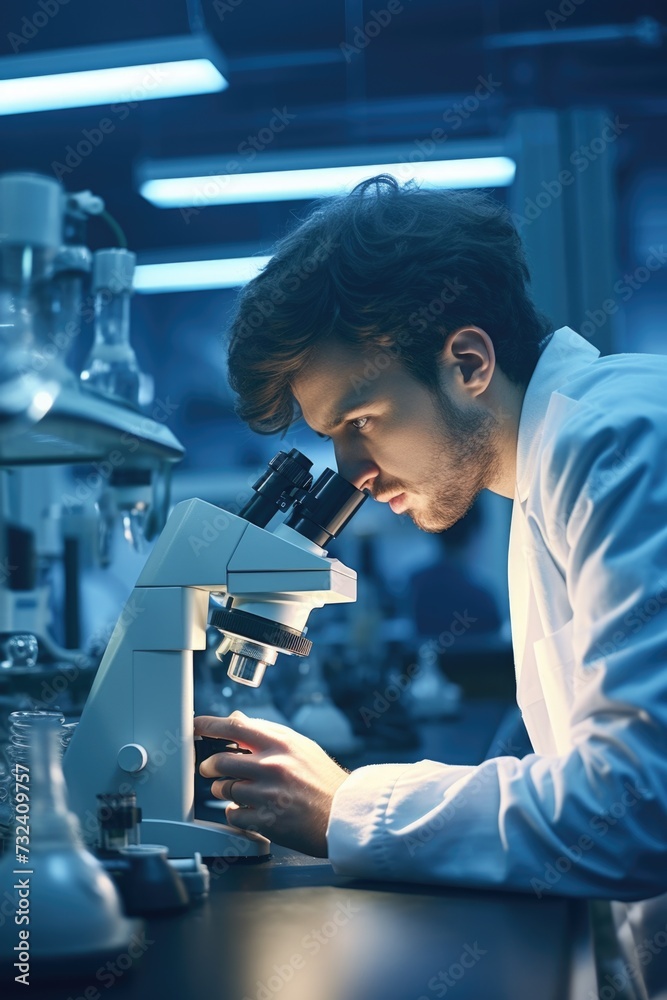 Poster A man in a lab coat is using a microscope to study a specimen. This image can be used to depict scientific research, laboratory work, or education