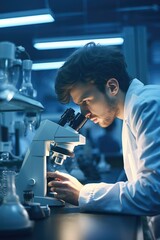 A man in a lab coat is using a microscope to study a specimen. This image can be used to depict scientific research, laboratory work, or education