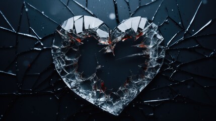 A broken glass heart on a black background. Can be used to depict heartbreak, lost love, or shattered dreams. Ideal for designs related to relationships and emotions