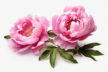 Two pink peonies with green leaves on a clean white background. Perfect for floral arrangements and garden themes