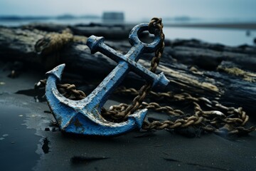 Obraz premium Old ship anchor on blue marine background. Nautical boat equipment for water navigation. Generate ai