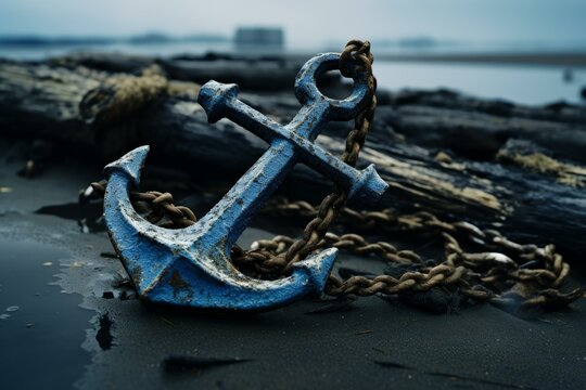 Old ship anchor on blue marine background. Nautical boat equipment for water navigation. Generate ai