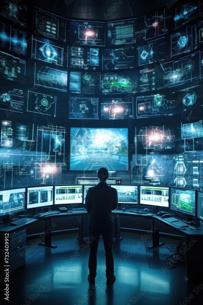 Aufkleber A man standing in front of multiple computer screens. This image can be used to depict a technology professional or a busy entrepreneur working on various tasks simultaneously