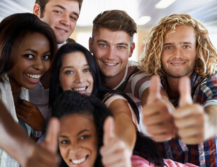 Friends, students and thumbs up for college, portrait and promotion for university and education....
