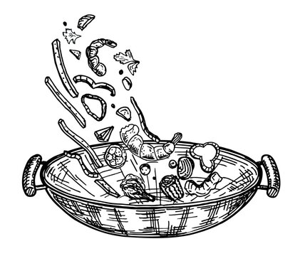 black and white wok cooking ingredients clip art preview