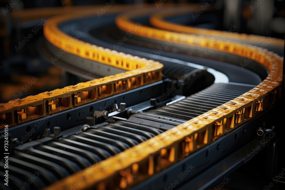 Poster a detailed close-up of a conveyor belt in a factory. this image can be used to depict industrial pro
