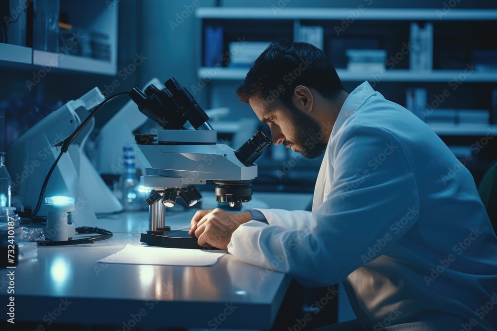 Poster a man in a lab coat examining something under a microscope. ideal for scientific research or educati