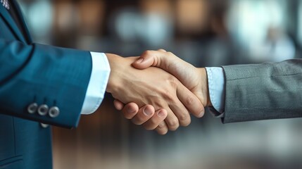 Two executives in formal suits exchanging a firm handshake in a professional setting, symbolizing a successful agreement. - obrazy, fototapety, plakaty