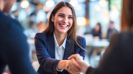 Happy mid aged business woman manager. Smiling female hr hiring recruiter at job interview, bank or insurance agent, lawyer making contract deal with client at work.. - obrazy, fototapety, plakaty