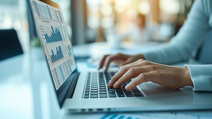 Close-up of a professional analyzing complex financial data and graphs on a laptop screen in a bright modern office.