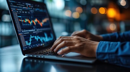 A financial analyst's hands are seen typing on a laptop, with the screen displaying intricate stock market charts and trading data.