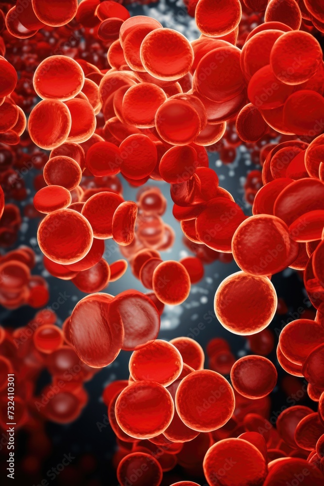 Poster a close-up view of a bunch of red blood cells flowing through a vein. this image can be used to illu