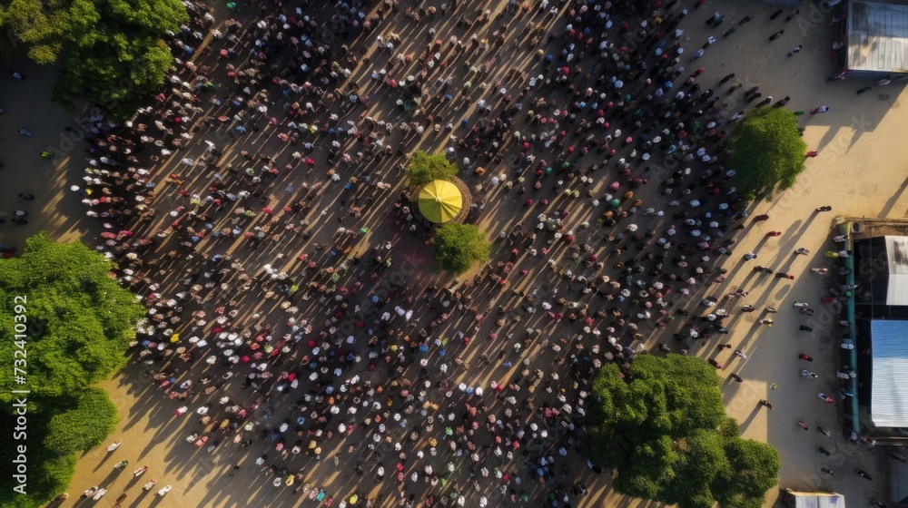 Poster a large group of people gathered together, standing around a yellow umbrella. this versatile image c