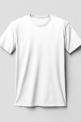 A white t-shirt is hanging on a wall. This image can be used to showcase clothing or to represent minimalistic style