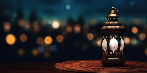 A lantern sitting on a table with a city in the background. This image can be used to depict a...