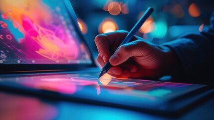 A digital artist's hand is captured creating vibrant artwork using a stylus on a backlit graphic tablet in a dark creative studio.