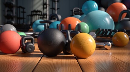 A collection of exercise balls placed on a sturdy wooden floor. Ideal for fitness and exercise concepts