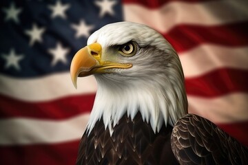Bald eagle standing proudly in front of an American flag. Perfect for patriotic themes and national pride