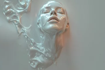 Foto op Canvas Fashion surreal Concept. Bionic girl man of ceramic glossy shiny sculpture dissolve melting emerging into molten liquid gel paint. illuminated dynamic composition dramatic lighting. copy text space © Sandra Chia