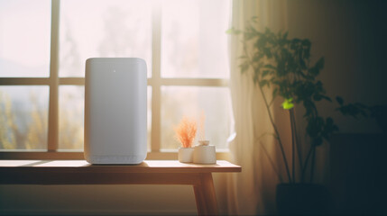 A white air purifier placed on a wooden table. Suitable for home or office use