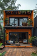 A modern metal building made of shipping containers
