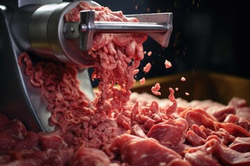 A picture of meat being processed by a meat grinder. This image can be used to showcase the process of meat preparation or in articles and blogs about cooking and food processing