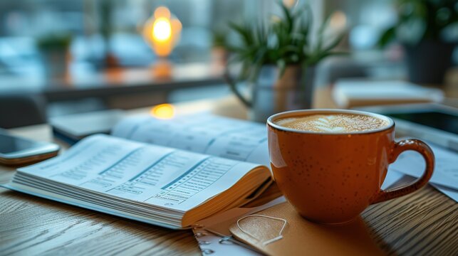 An inviting cup of cappuccino with a heart-shaped design sits next to an open book and notebook on a wooden table, suggesting a relaxing coffee break.