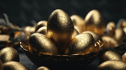 A bowl filled with golden eggs sitting on top of a table. Perfect for illustrating wealth and abundance. - obrazy, fototapety, plakaty