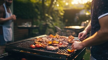 A man is seen grilling meat and vegetables on a grill. This image can be used to showcase outdoor cooking or barbecue scenes - obrazy, fototapety, plakaty