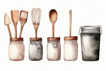 A group of mason jars filled with wooden spoons and various utensils. Perfect for kitchen and cooking-related designs - obrazy, fototapety, plakaty