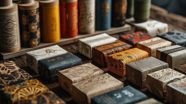 Assortment of artisanal tea packages with intricate designs, showcasing traditional and modern styles on a wooden shelf.