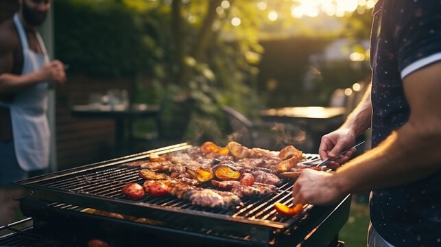 A man is seen grilling meat and vegetables on a grill. This image can be used to showcase outdoor cooking or barbecue scenes