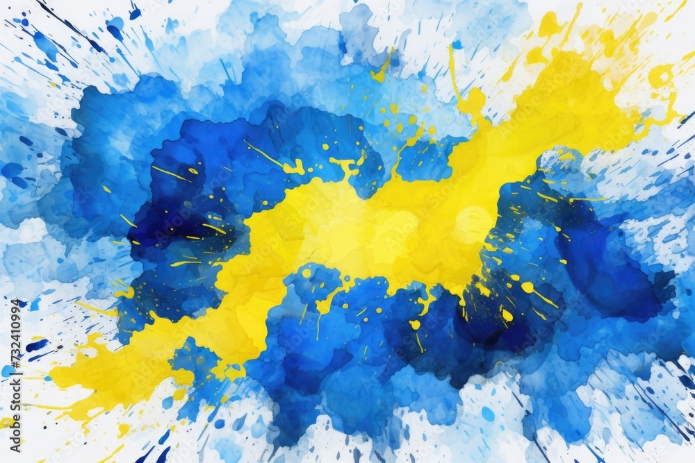 Poster Colorful paint splatters in blue and yellow on a clean white background. This vibrant image can be used to add a pop of color and creativity to various design projects