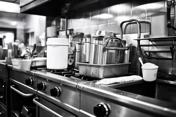 Black and white photo of pots and pans on a stove. Suitable for kitchen and cooking-related projects